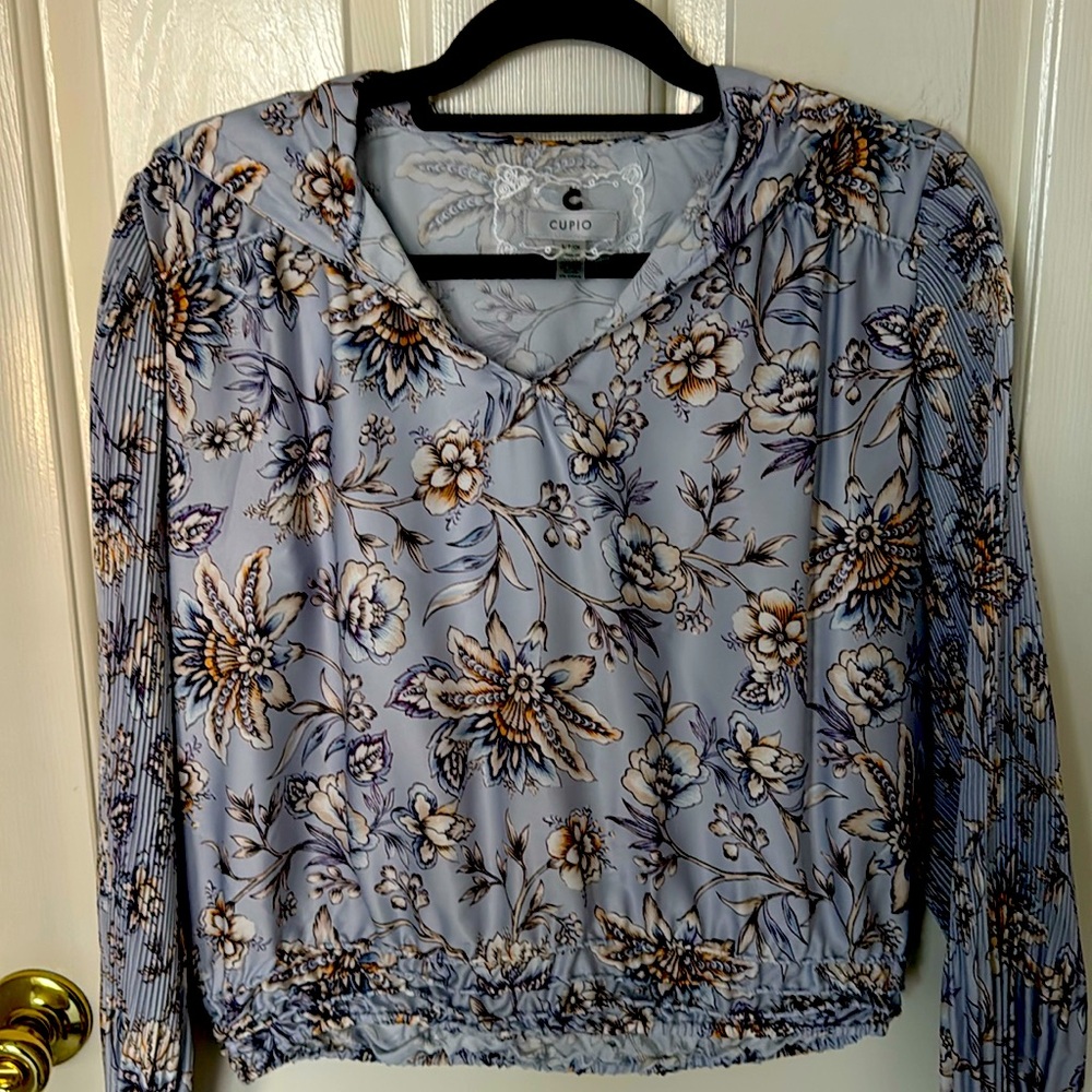 Cupio unique pleated sleeve silky blouse with hood